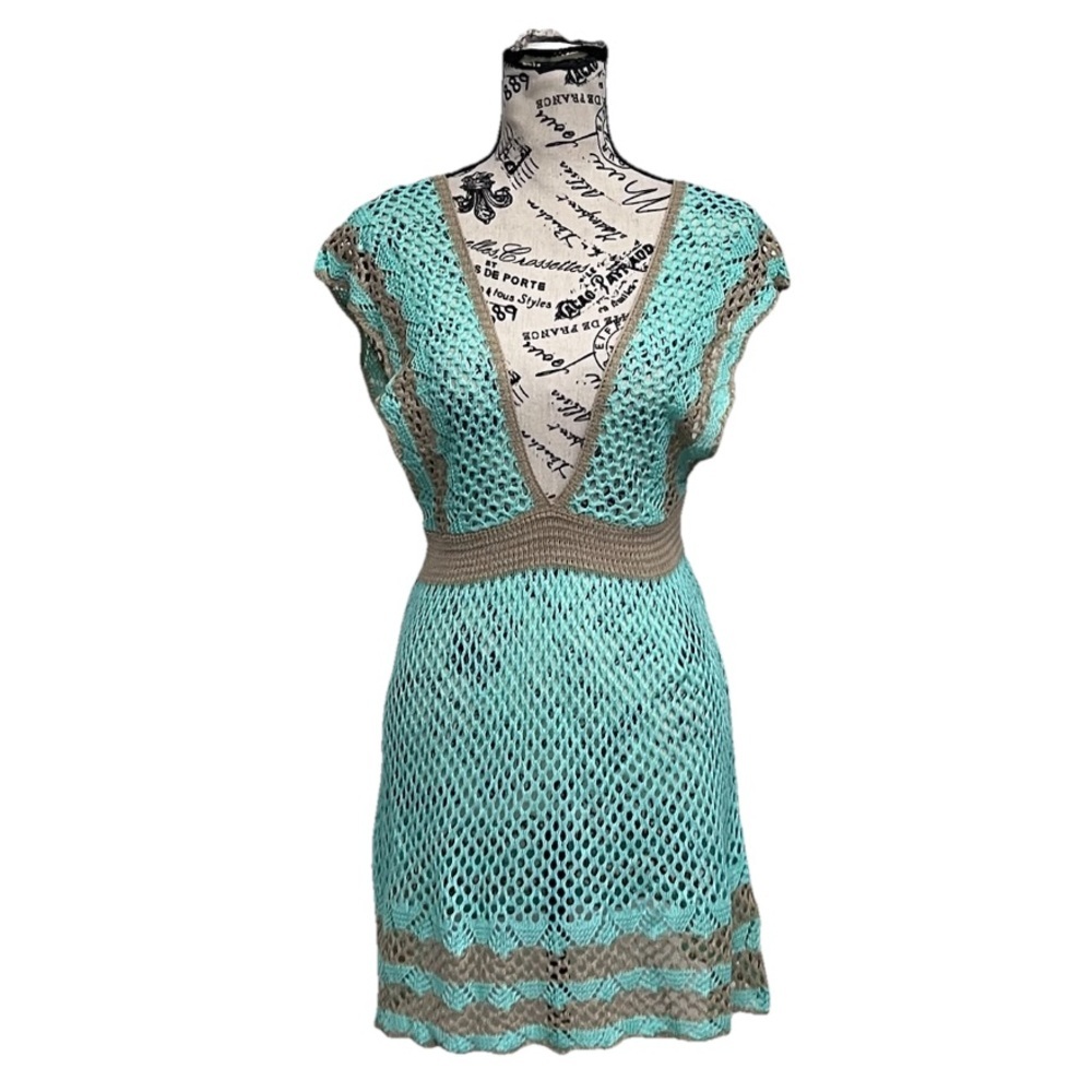 Open Knit Crochet Mini Dress Medium Aqua Blue Taupe Boho Beach Cover Up Festival
